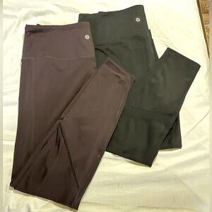 Two Pairs Tangerine Leggings: Black Capris & Dark Plum